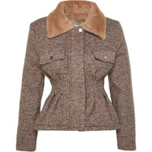 FRM Kadın Moda Şık Regular Gömlek Yaka Standart Kırçıllı Astarlı Peluş Yakalı Tüvit Kaşe Kaban