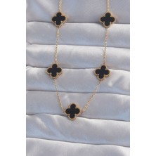 Clariss 316L Çelik Gold Renk Siyah Mineli Yonca Kolye