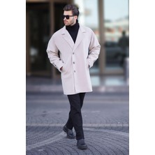 Taş Rengi Kruvaze Yaka  Düğme Detaylı Erkek Kaban 7217