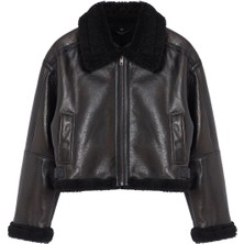 FRM Kadın Moda Şık Oversize Gömlek Yaka Standart Düz Astarsız Peluş Detaylı Biker Ceket Mont