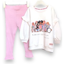 Little Tortoise Fırfırlı Omuz Detaylı Yumuşak Rahat Kalıp Kız Çocuk Taytlı Sweatshirt Takım