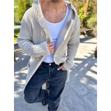 Elku Moda Hırka Naturel Pamuk Lazer Kesim Yırtık Detaylı Kapüşonlu Cepli Uzun Triko Panço Hırka