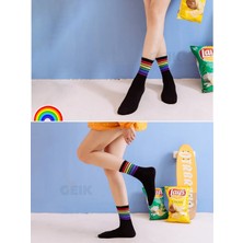 4 Çift Gökkuşağı Desenli Renkli Çizgilere Sahip Uzun Unisex Siyah Tenis Kolej Çorap