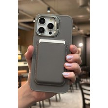 Paladyum Case iPhone 14 Pro Max Uyumlu Premium Titanyum Gri Deri Magsafe Cüzdanlı Kartlıklı Kamera Çerçeve Standlı Kılıf