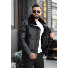 Prifaldi Erkek Kürk Yaka Su ve Soğuk Geçirmez Dolum Deri Şişme Mont Siyah