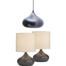 Nidage 2 Adet Krem Kumaş Şapkalı Metal Elips Masa Lambaları 1 Adet Sarkıt Avize