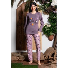 Meri Kadın Mürdüm Sıfır Yaka Uzun Kol Likralı Desenli Kadın Pijama TAKIMIK803152