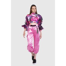Balon Kollu ve Nakış Detaylı Pembe Sweatshirt