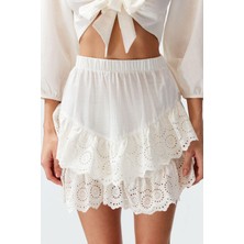 Ersefa Moda Regular Düz Desen Plaj Mini Boy Bridal Beyaz Mini Dokuma Fırfırlı %100 Pamuklu Etek