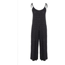 Ersefa Büyük Beden Kadın Moda Standart Kol Regular V Yaka Puantiyeli Desen Uzun Çiçek Desenli Dokuma Tulum