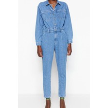 Ersefa Kadın Moda Standart Kol Boru Paça Gömlek Yaka Düz Desen Uzun Bel Detaylı Denim Tulum