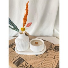 Loş Dükkan Şömine Sesli (Ahşap Fitilli) Kokulu Mum +Vazo + Tabak Seti  ( 3 Parça Set)