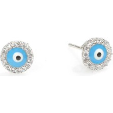 Nusret Takı 925 Ayar Gümüş Nazar Boncuklu Mavi Mineli Yuvarlak Küpe, Beyaz Taşlı