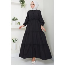 Önü Düğme Detaylı Büzgülü Elbise Siyah HM2493
