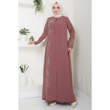 Hafsa Mina Büyük Beden Yaprak Taşlı Anne Elbisesi Kiremit HM2350