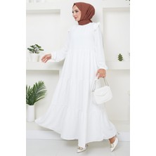 Hafsa Mina Omuzu Fırfırlı Ayrobin Tesettür Elbise Beyaz HM2062