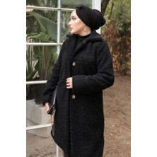 Kruvaze Yaka Peluş Mont Siyah HM2507
