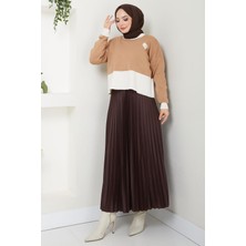 Kalp Detaylı Iki Renkli Crop Kazak Camel HM2575