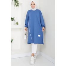 Hafsamina Biye Detaylı Uzun Sweatshirt Tunik Indigo HM2508