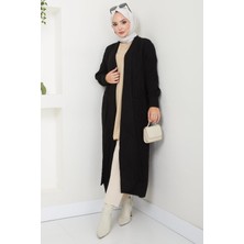Hafsa Mina Şal Yaka Cepli Triko Hırka Siyah HM2534