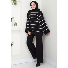 Yarım Balıkçı Yaka Çizgili Triko Takım Siyah HM2553