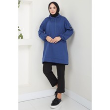 Hafsamina Kapüşonlu Kolu Cep Detaylı Sweatshirt Tunik Indigo HM2582