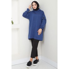 Hafsamina Kapüşonlu Kolu Cep Detaylı Sweatshirt Tunik Indigo HM2582