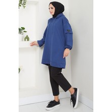 Hafsamina Kapüşonlu Kolu Cep Detaylı Sweatshirt Tunik Indigo HM2582