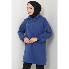 Hafsamina Kapüşonlu Kolu Cep Detaylı Sweatshirt Tunik Indigo HM2582