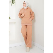 Çoban Nakışlı Üç Iplik Şardonlu Kapşonlu Eşofman Takımı Camel HM2579