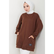 Hafsamina Torba Cepli Bisiklet Yakalı Sweatshirt Tunik Kahverengi Hm2509