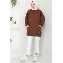 Hafsamina Torba Cepli Bisiklet Yakalı Sweatshirt Tunik Kahverengi Hm2509