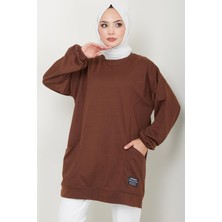 Hafsamina Torba Cepli Bisiklet Yakalı Sweatshirt Tunik Kahverengi Hm2509