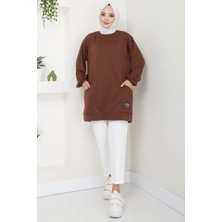 Hafsamina Torba Cepli Bisiklet Yakalı Sweatshirt Tunik Kahverengi Hm2509