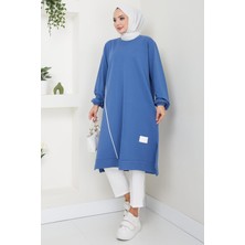 Hafsamina Biye Detaylı Uzun Sweatshirt Tunik Indigo HM2508