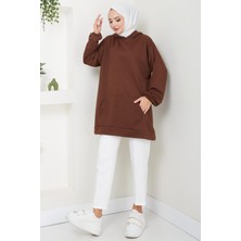 Hafsamina Kanguru Cepli Kapüşonlu Sweatshirt Tunik Kahverengi Hm2510