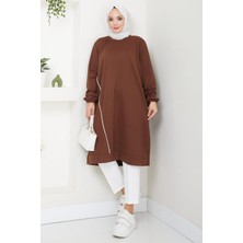 Hafsamina Biye Detaylı Uzun Sweatshirt Tunik Kahverengi HM2508