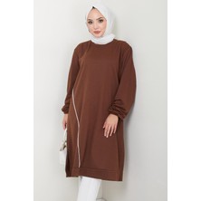 Hafsamina Biye Detaylı Uzun Sweatshirt Tunik Kahverengi HM2508