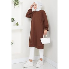 Hafsamina Biye Detaylı Uzun Sweatshirt Tunik Kahverengi HM2508