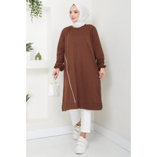 Hafsamina Biye Detaylı Uzun Sweatshirt Tunik Kahverengi HM2508