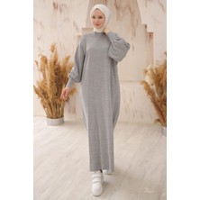 Balon Kol Triko Elbise Gri HM2522