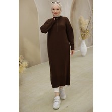 Hafsa Mina Fermuarlı Uzun Triko Tunik Kahverengi HM2529