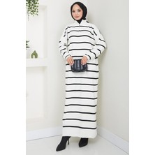 Fermuarlı Çizgili Triko Elbise Beyaz HM2528