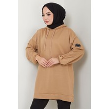 Hafsamina Kapüşonlu Kolu Cep Detaylı Sweatshirt Tunik Camel Hm2582