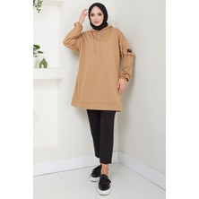 Hafsamina Kapüşonlu Kolu Cep Detaylı Sweatshirt Tunik Camel Hm2582