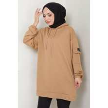 Hafsamina Kapüşonlu Kolu Cep Detaylı Sweatshirt Tunik Camel Hm2582