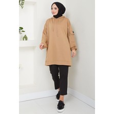 Hafsamina Kapüşonlu Kolu Cep Detaylı Sweatshirt Tunik Camel Hm2582