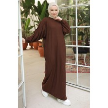 Bisiklet Yaka Balon Kol Triko Elbise Kahverengi HM2518