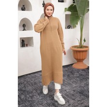 Hafsamina Fermuarlı Uzun Triko Tunik Camel HM2529