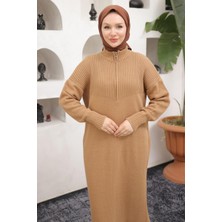 Hafsamina Fermuarlı Uzun Triko Tunik Camel HM2529